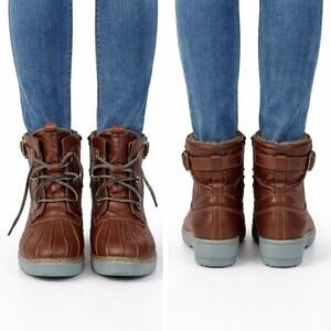 BOC Women's Brown Duck Boots Size 8.5M Lace Up Faux Leather Floral Lined